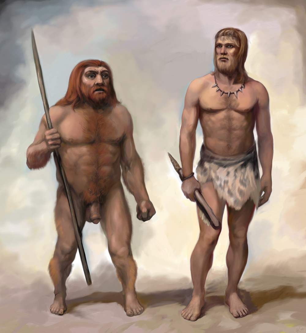 Мужчины в древние времена. Неандерталец и кроманьонец. Кроманьонец неандерталец сапиенс сапиенс. Неандертальцы кроманьонцы сапиенс. Неандерталец и хомо сапиенс.