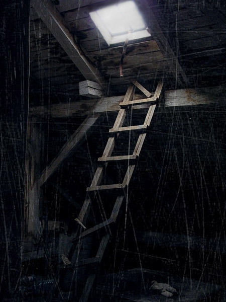 Темная коморка. Мрачный чердак. Страшный чердак. Старый деревянный чердак с лестницей. Старая лестница на чердак.