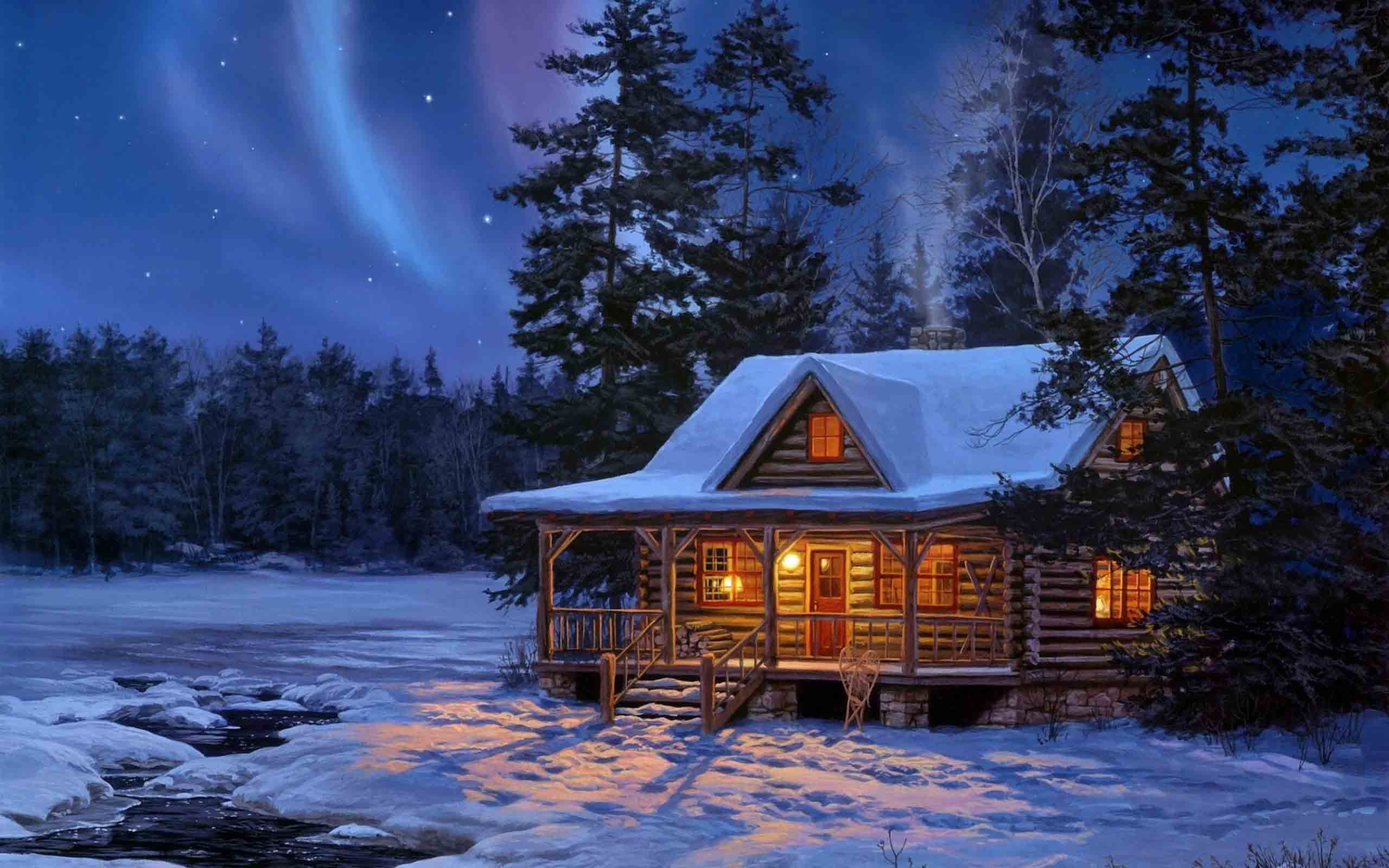 Деревянный дом снег. Северное сияние Kim Norlien. Зимний домик. Заснеженный домик. Домик в зимнем лесу.