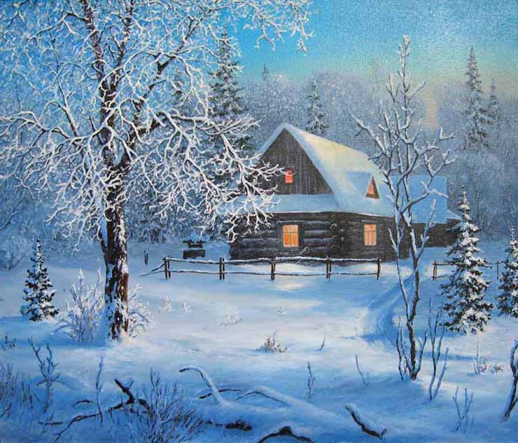 Прочитать зимний вечер. Деревенский домик зимой. Зимний пейзаж деревня живопись. Зимний деревенский пейзаж.