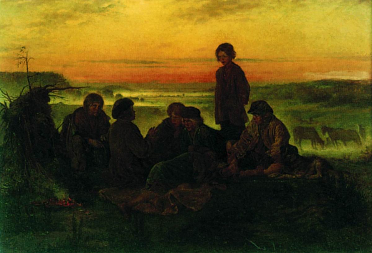 Произведение на лугу. В. Е. Маковский. Крестьянские мальчики в ночном стерегут лошадей. 1869..