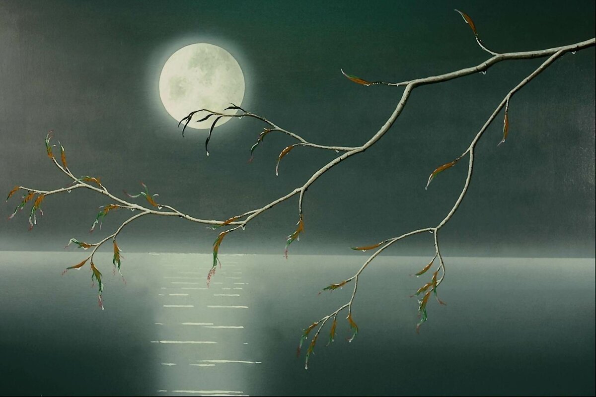 Дерево молчания. Луна и ветки. Лунная Весенняя ночь. Луна в живописи. Картина Луна.