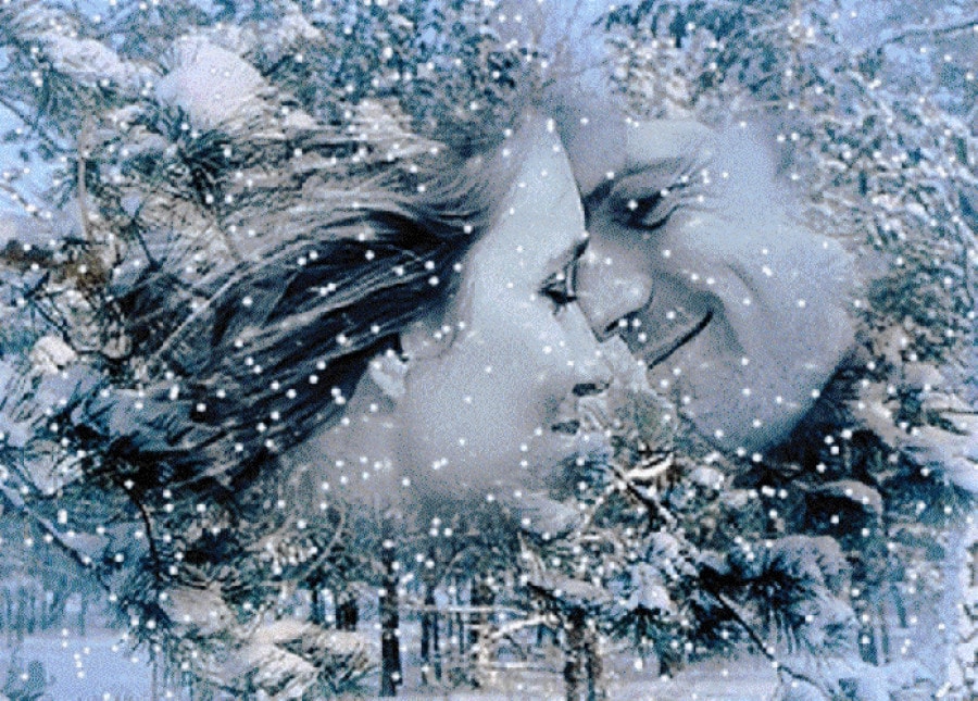Но у меня зима. Метель любовь. Двое под падающим снегом. Снег кружится. Влюбленные кружатся под снегом.