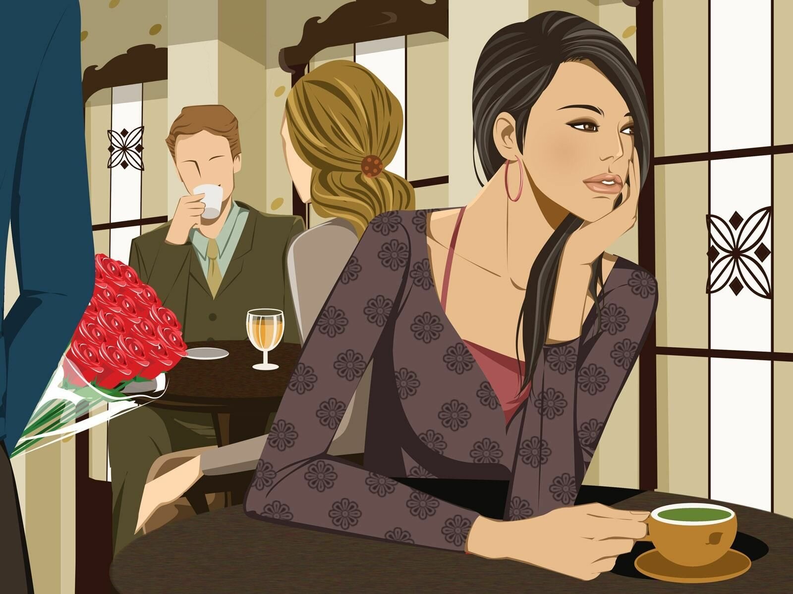 Девушка в кафе рисунок
