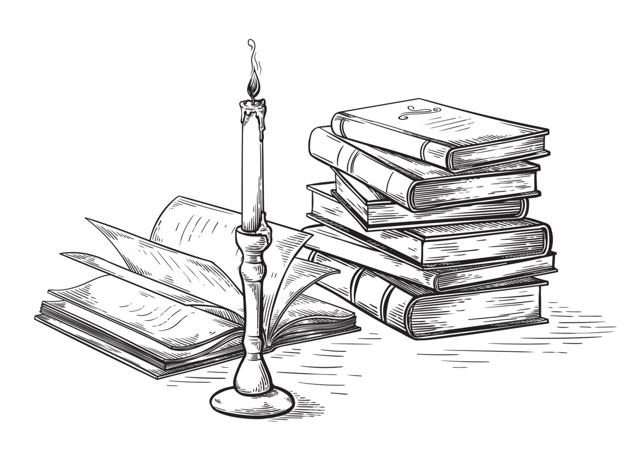 Книги и свеча карандаш