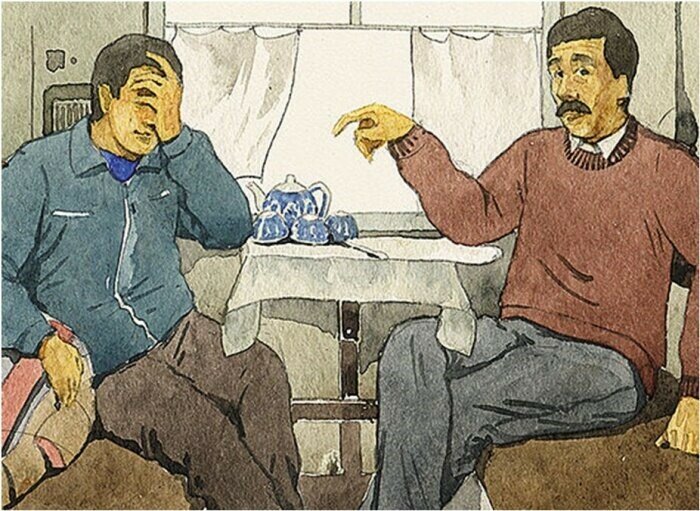 Пила русской с разговорами. Разговор карикатура. Картина мужик сидит за столом. Картины с беседой двух мужчин. Беседа иллюстрация.