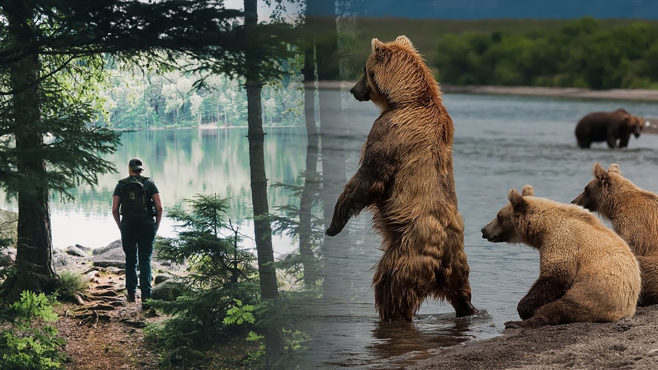 Хороший медведь видео. Медведь с рыбой. Охотник угощает рыбой медведя. Медведица с медвежатами и охотник.