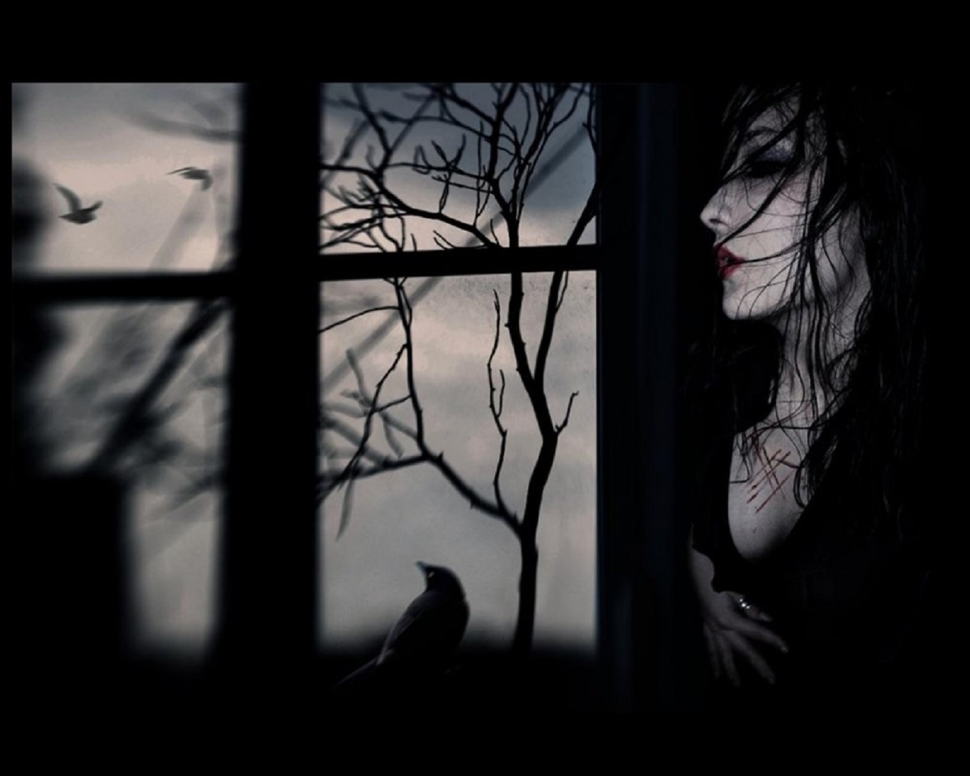 Ворона стучит в окно. Женщина в окне. Ворон на окне. Черный ворон за окном. Печальные картины.