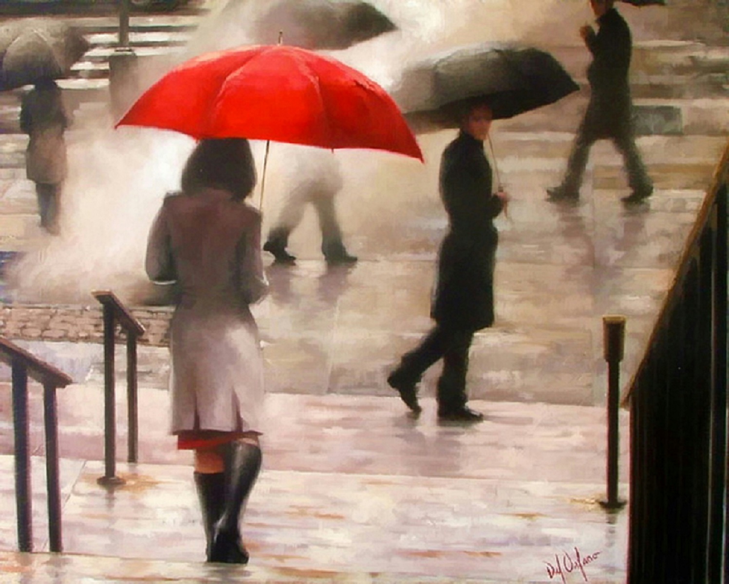 Дождь без перерыва. Даниэль дель Орфано. Даниэль дель Орфано художник. Даниэль дель Орфано красный зонтик. Даниэль Орфано жизнь с красным зонтиком.
