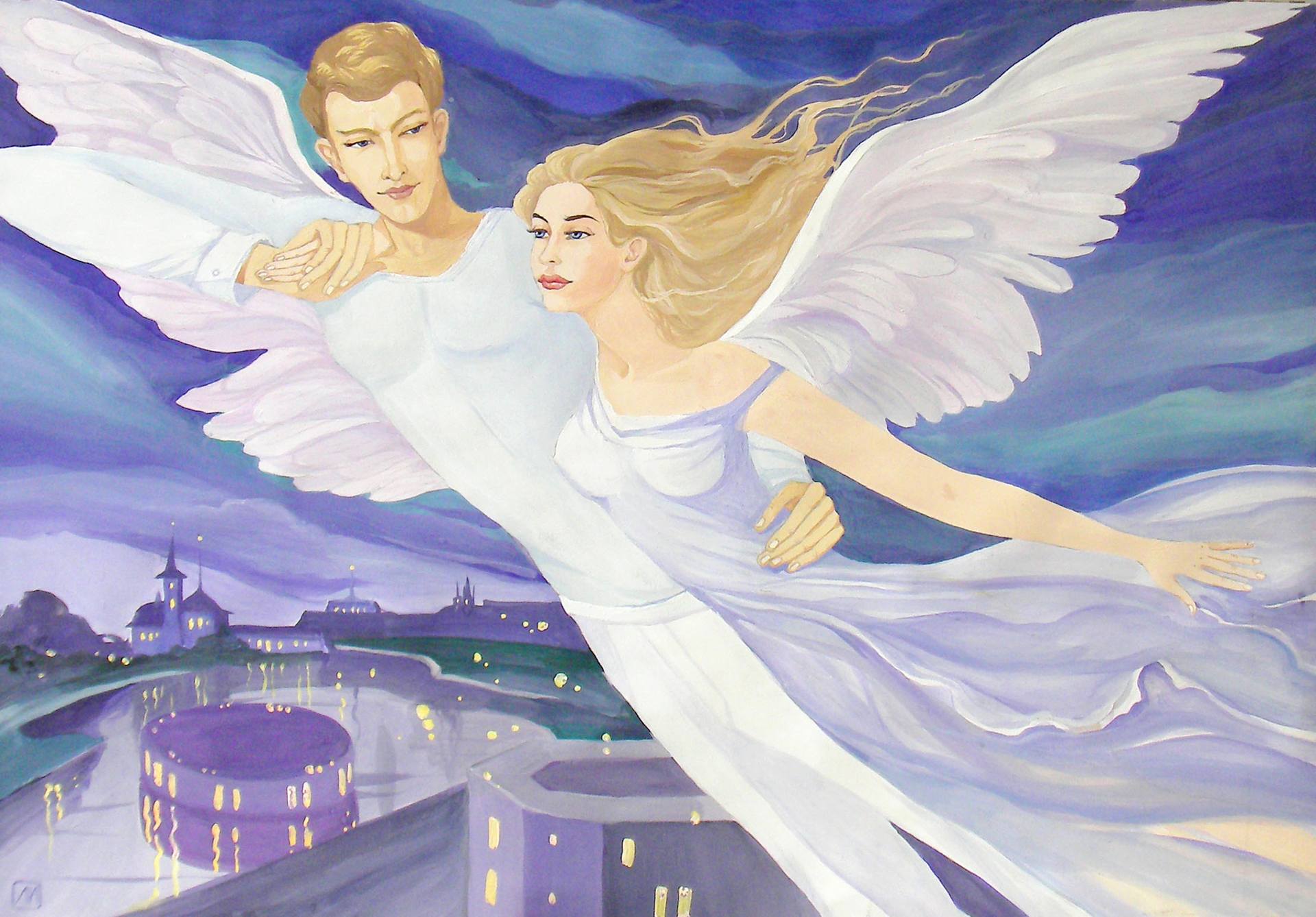 Летать вдвоем песня. Ангелы в живописи. Влюбленные с крыльями. Небесные ангелы. Ангелы летают.