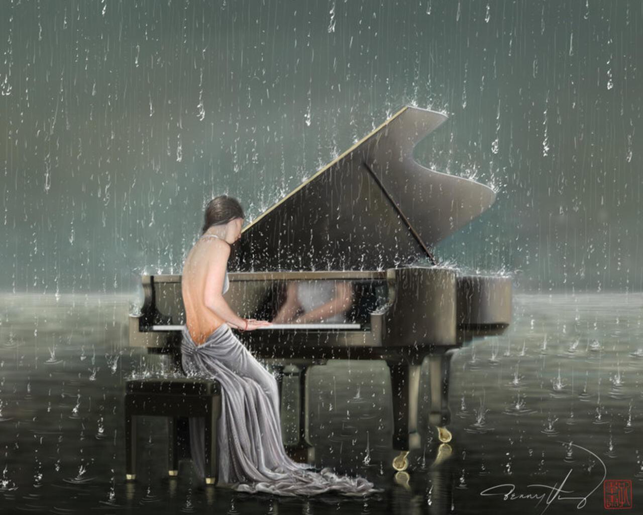 Музыка мелодия слез. Пианист под дождем. Фортепиано под дождем. Дождь пианино. Музыкант под дождем.
