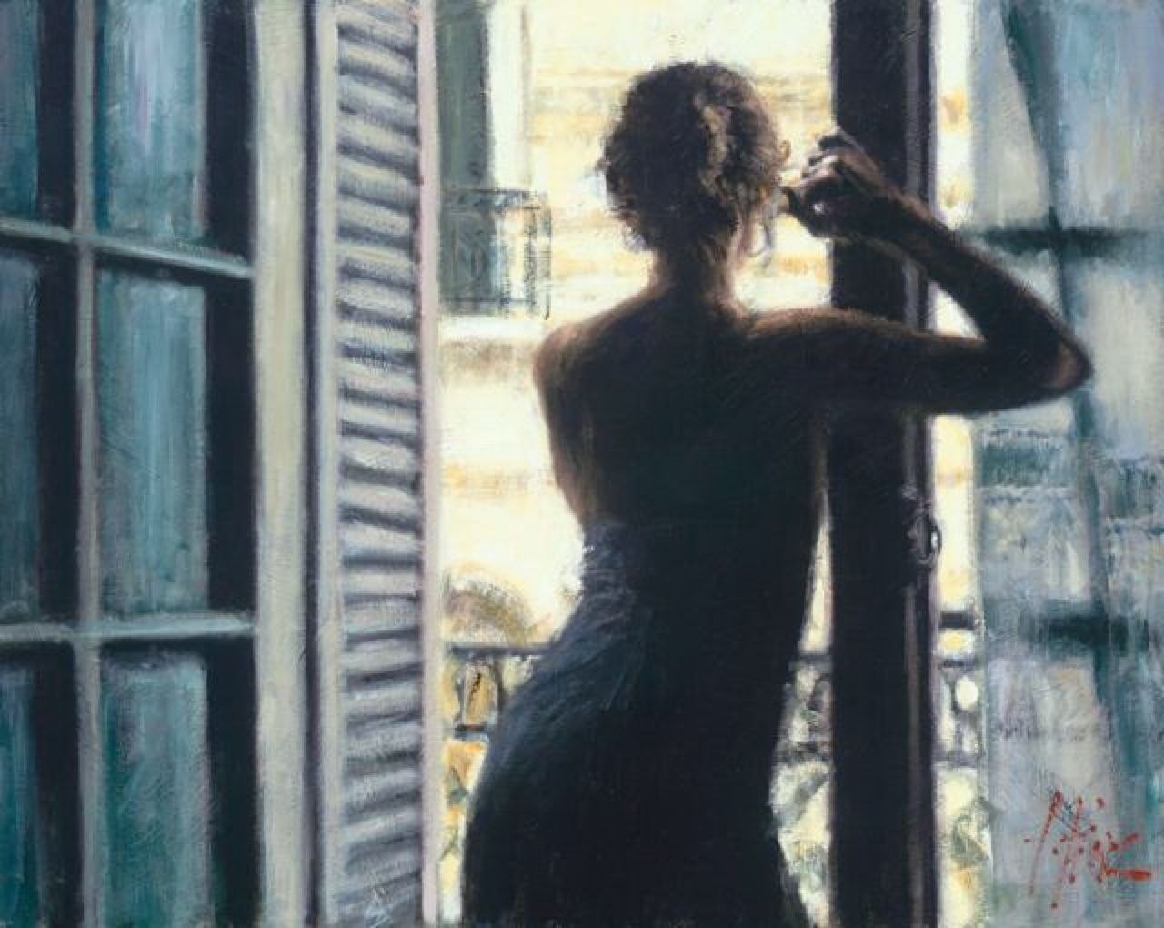 Ждет ответа душа не. Фабиан Перез художник. Женский силуэт в окне. Женщина у окна спиной. Женщина в окне.