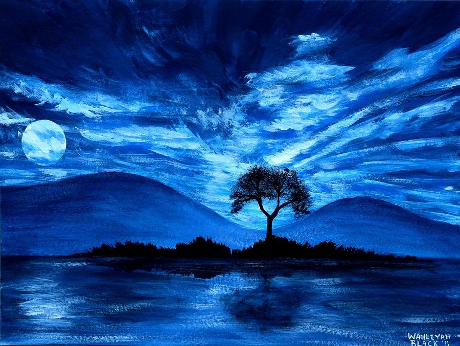 Черно синяя картина. Пейзаж в синих тонах. Ночной пейзаж красками. Ночной пейзаж акварелью. Рисование ночного пейзажа.