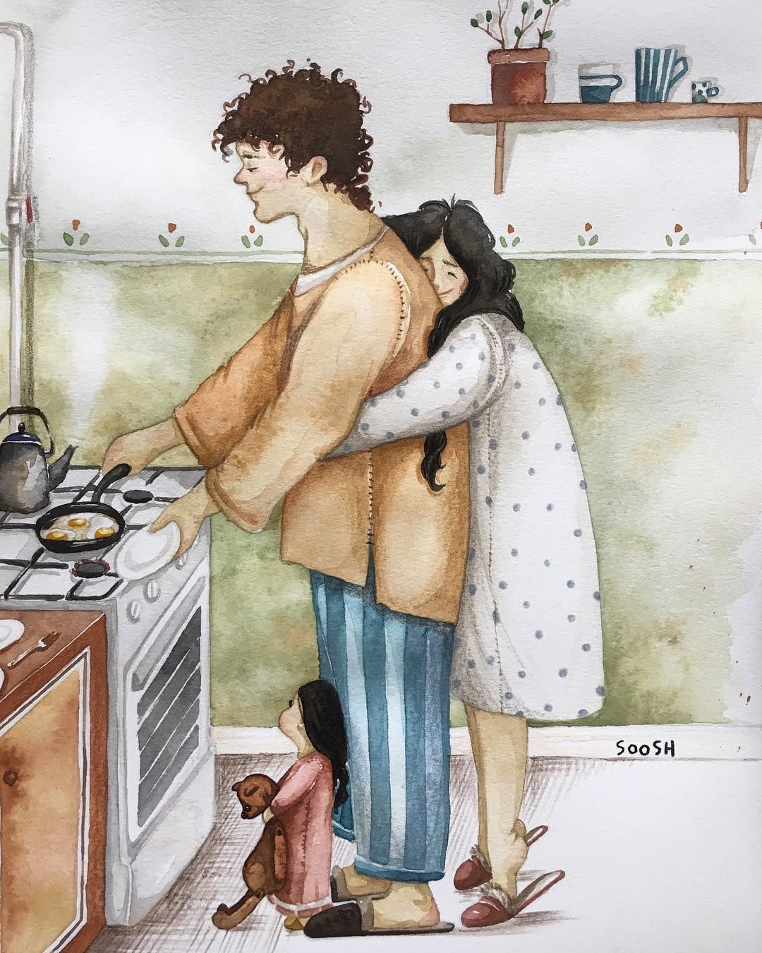 Добрый муж это. Художница Soosh. Soosh иллюстрации о семье. Трогательные иллюстрации. Уютные иллюстрации.