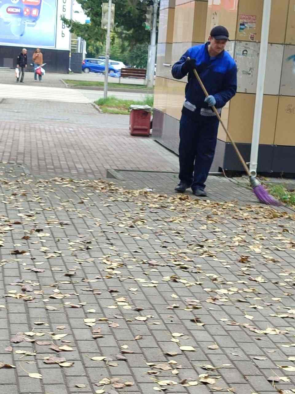 Дворник листья заметает